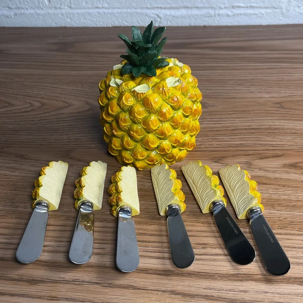 VTG MCM Ceramic Pineapple‎ Cheese Spreader Appetizer Knife Caddy Set
